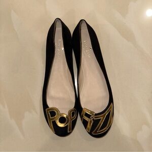 Kate spade Black suede, Ballet Flats with gold pop fizz sign